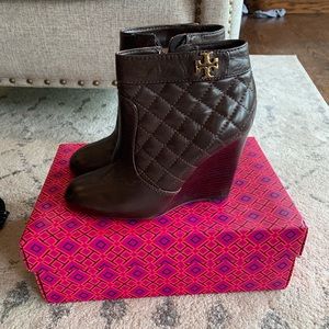 Chocolate Brown Tory Burch Quilted Wedge Booties
